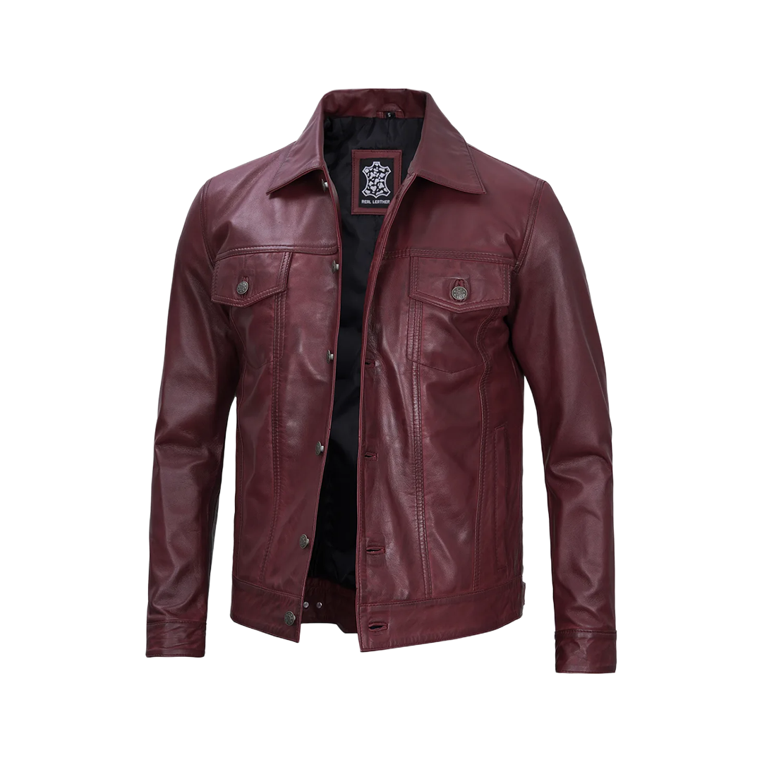 Men's Burgundy Real Leather Trucker Jacket