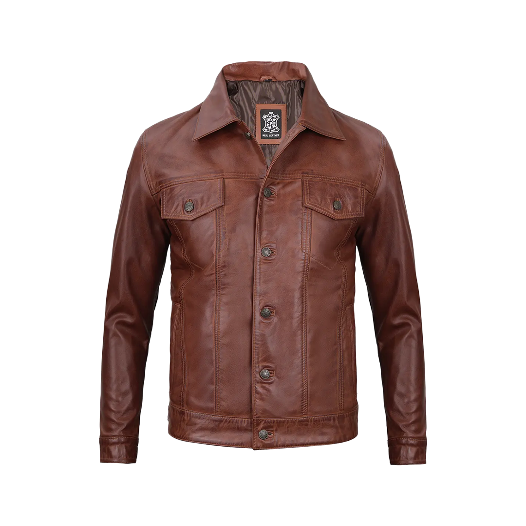 Fernando Men's Harrington Cognac Brown Leather Trucker Jacket