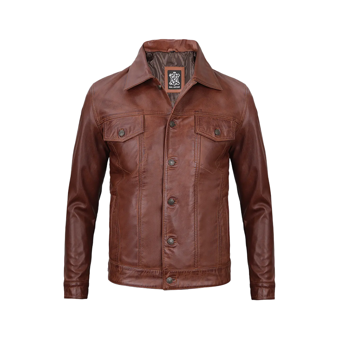 Fernando Men's Harrington Cognac Brown Leather Trucker Jacket
