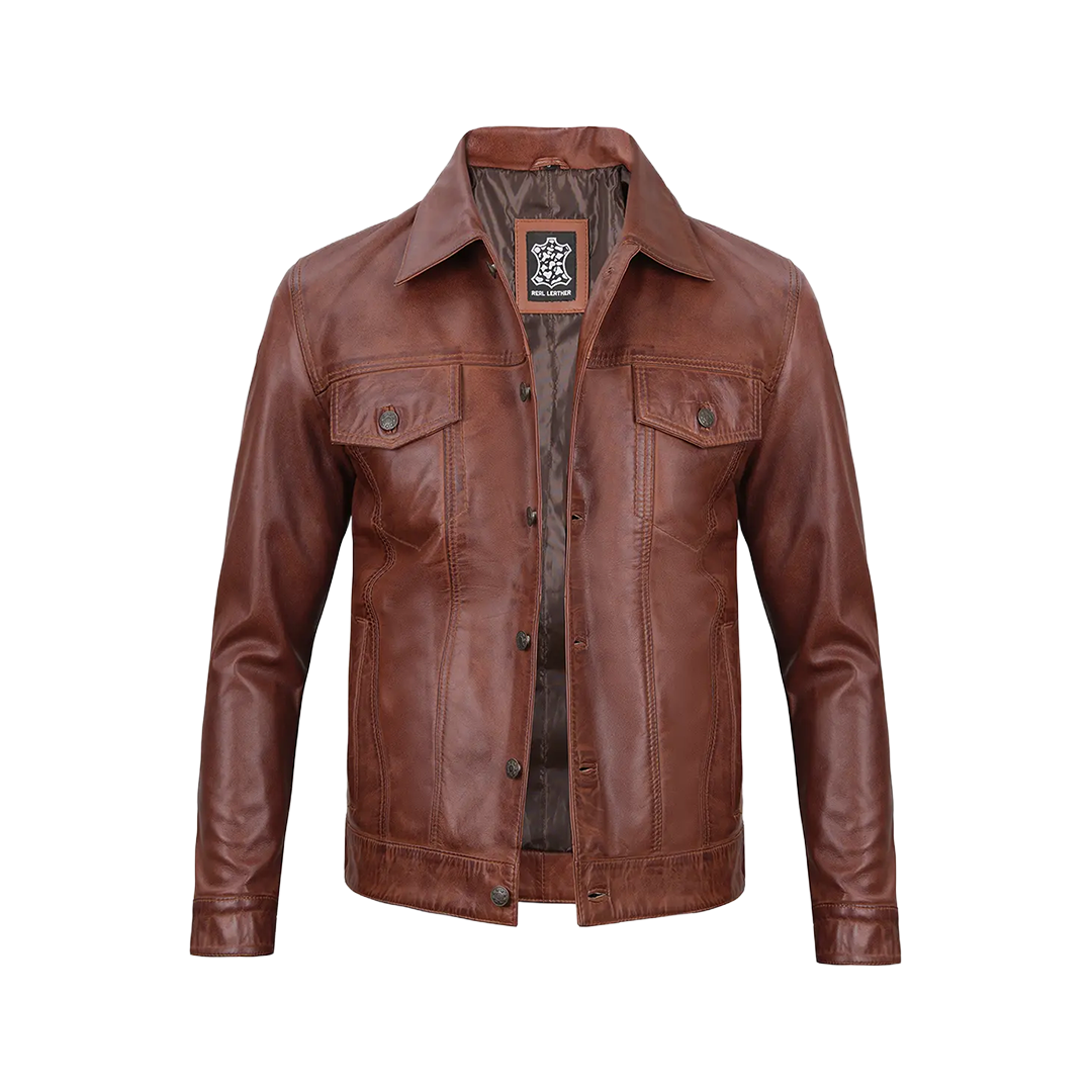 Fernando Men's Harrington Cognac Brown Leather Trucker Jacket