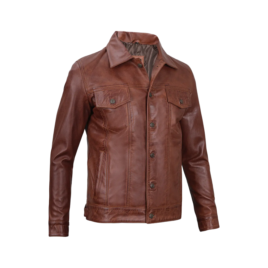 Fernando Men's Harrington Cognac Brown Leather Trucker Jacket