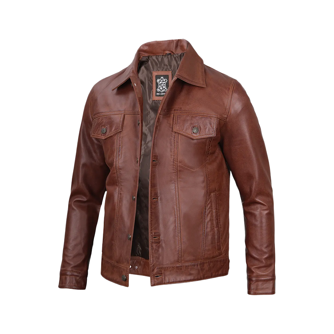 Fernando Men's Harrington Cognac Brown Leather Trucker Jacket
