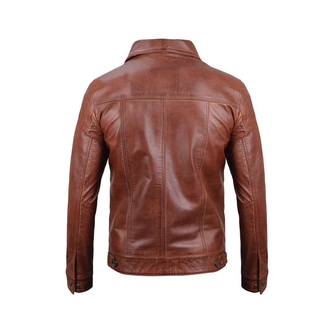 Fernando Men's Harrington Cognac Brown Leather Trucker Jacket