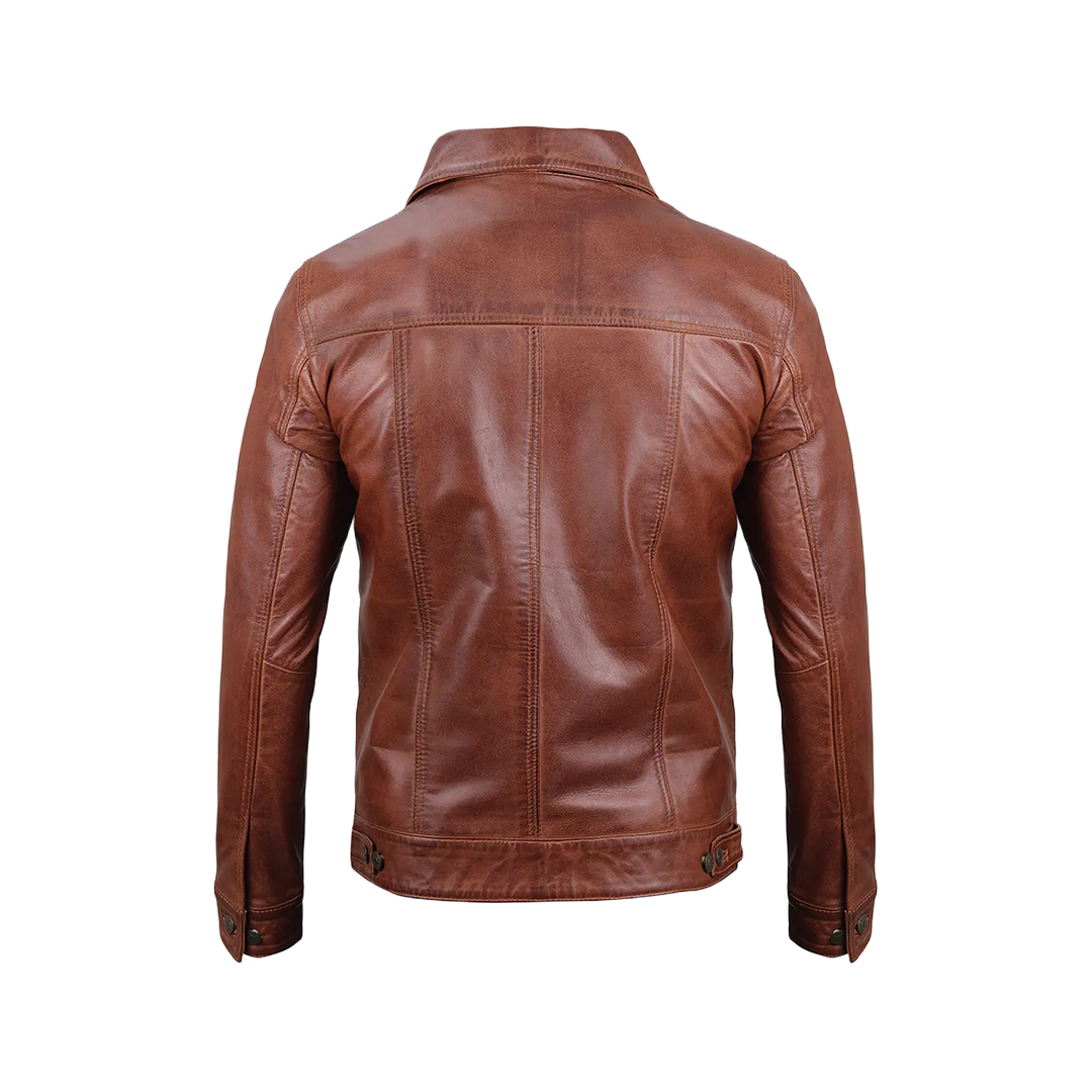 Fernando Men's Harrington Cognac Brown Leather Trucker Jacket