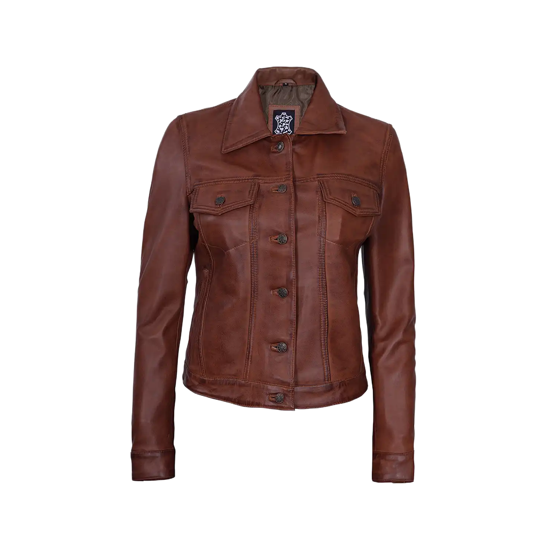 Fernando Women's Cognac Brown Trucker Leather Jacket