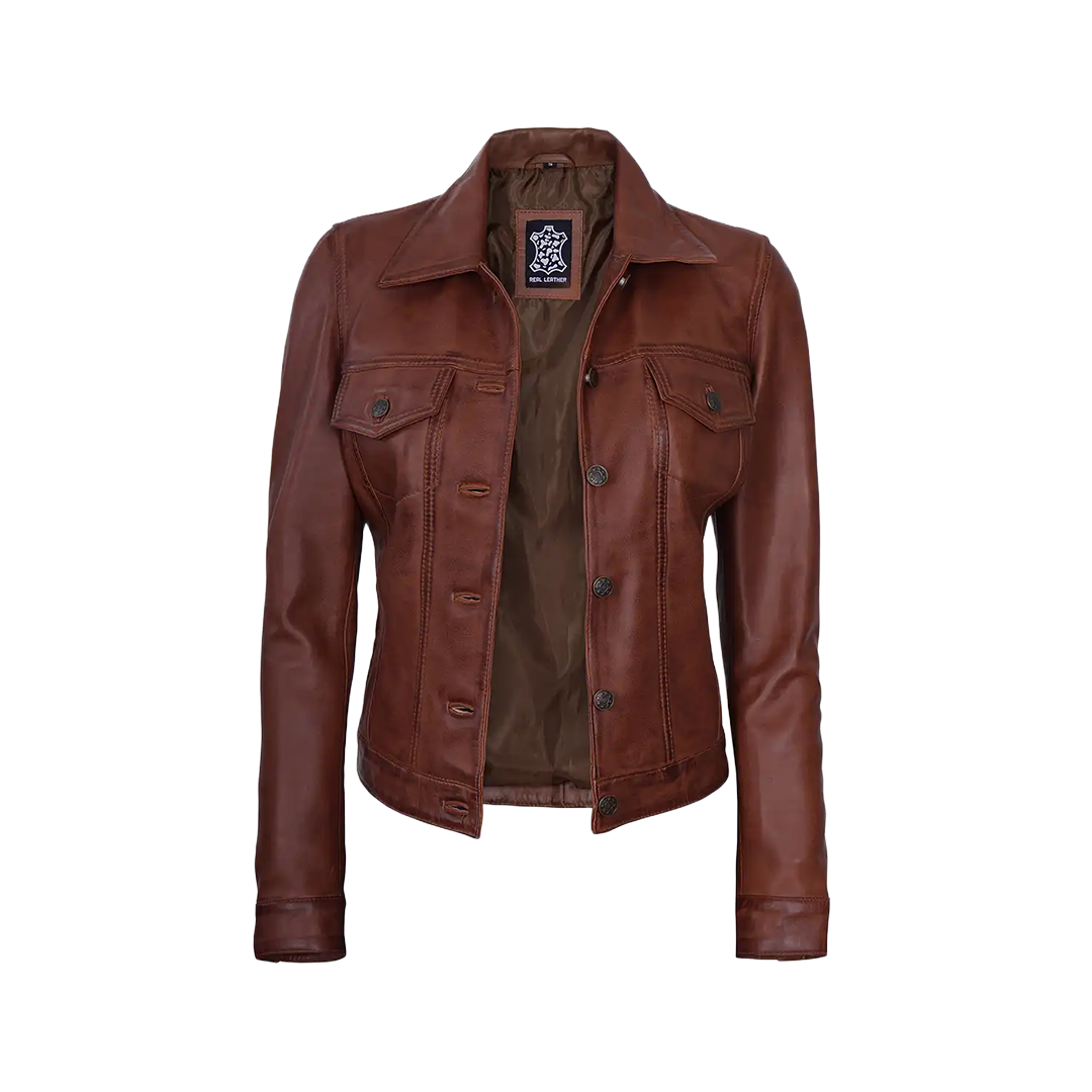 Fernando Women's Cognac Brown Trucker Leather Jacket