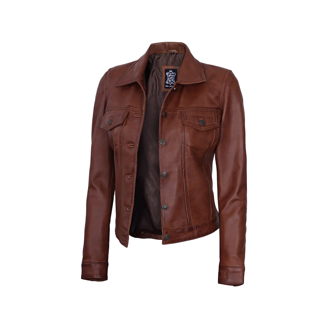 Fernando Women's Cognac Brown Trucker Leather Jacket