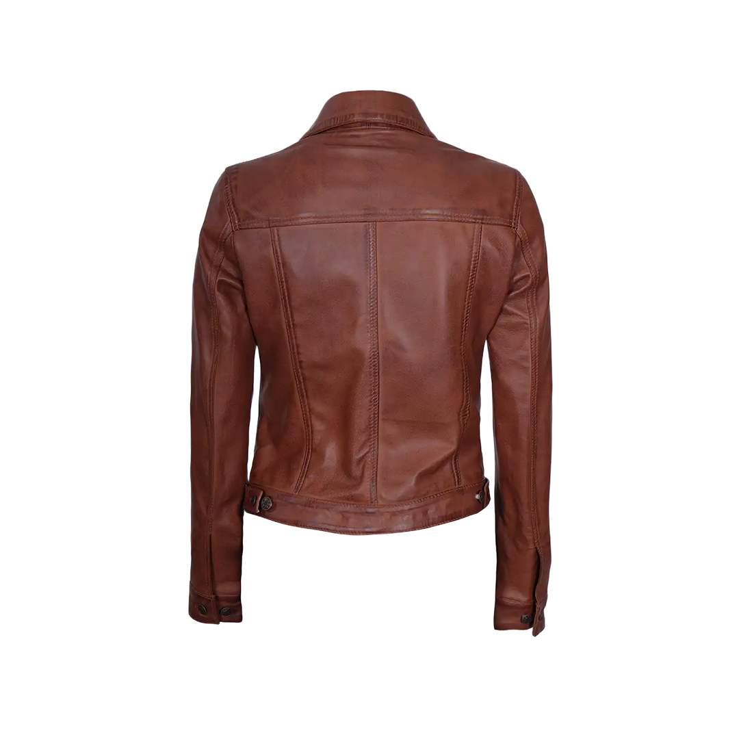 Fernando Women's Cognac Brown Trucker Leather Jacket