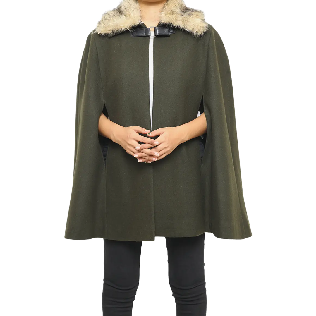 Florence Women's Shearling Wool Green Cape Coat