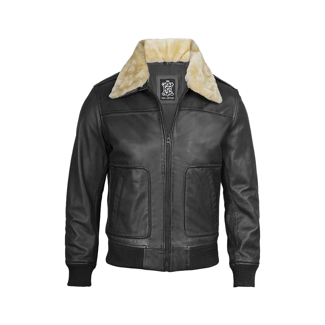 Garrett Black Men's Leather Bomber Jacket — Fur Collar