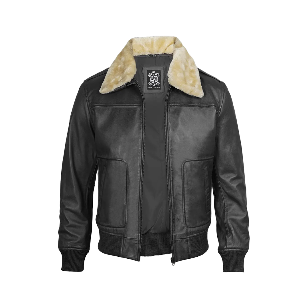 Garrett Black Men's Leather Bomber Jacket — Fur Collar