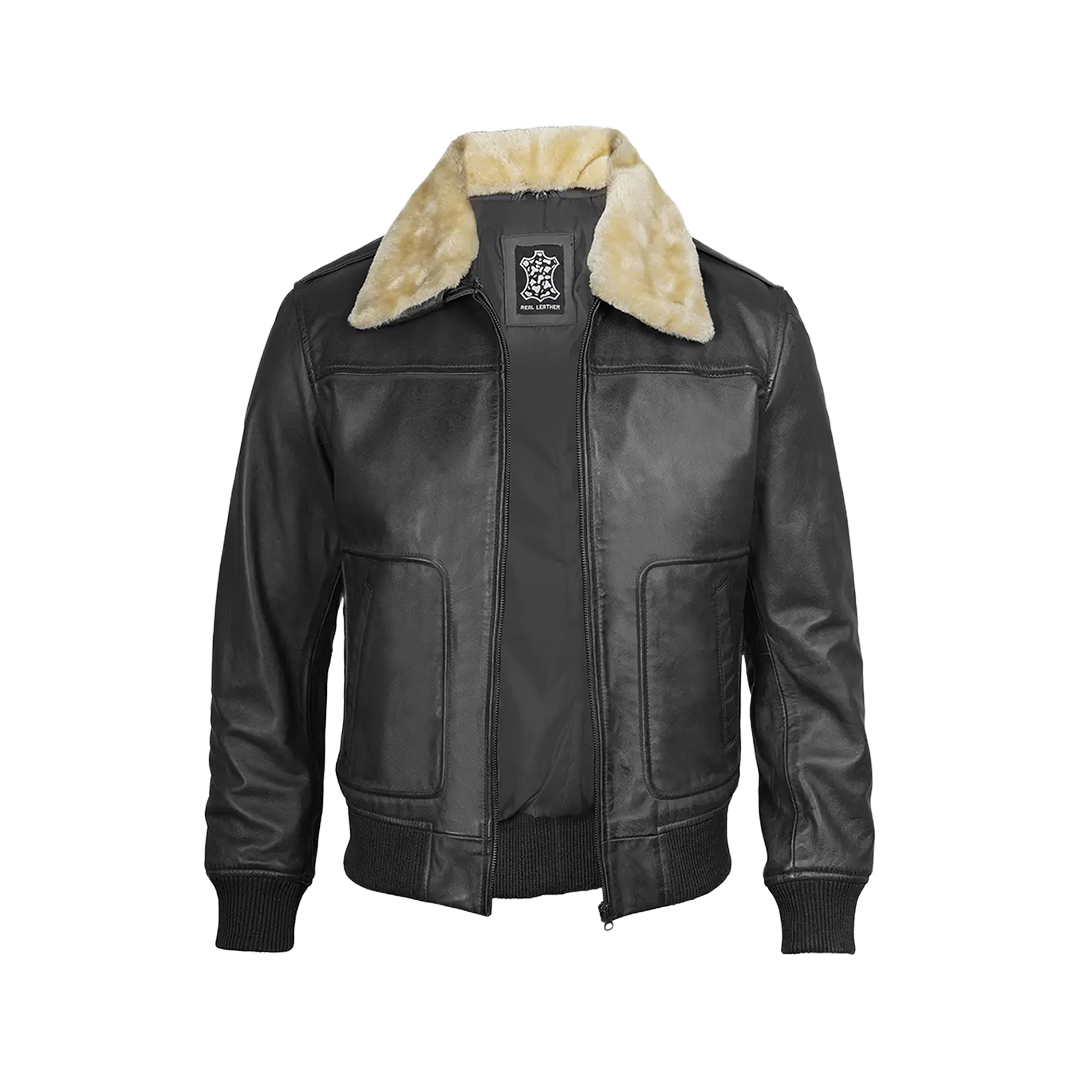 Garrett Black Men's Leather Bomber Jacket — Fur Collar