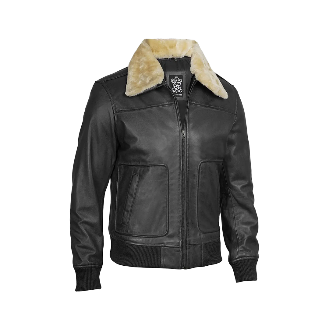 Garrett Black Men's Leather Bomber Jacket — Fur Collar