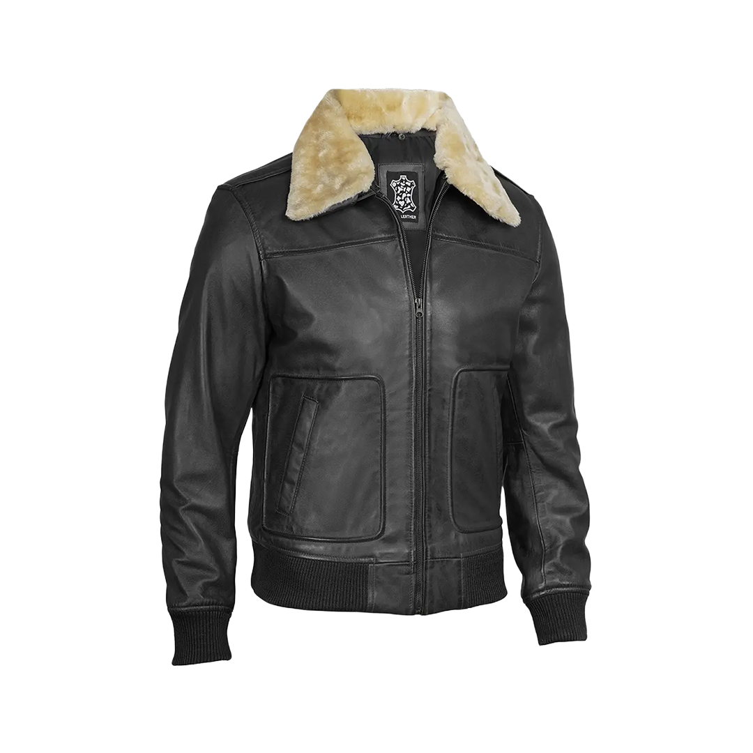 Garrett Black Men's Leather Bomber Jacket — Fur Collar
