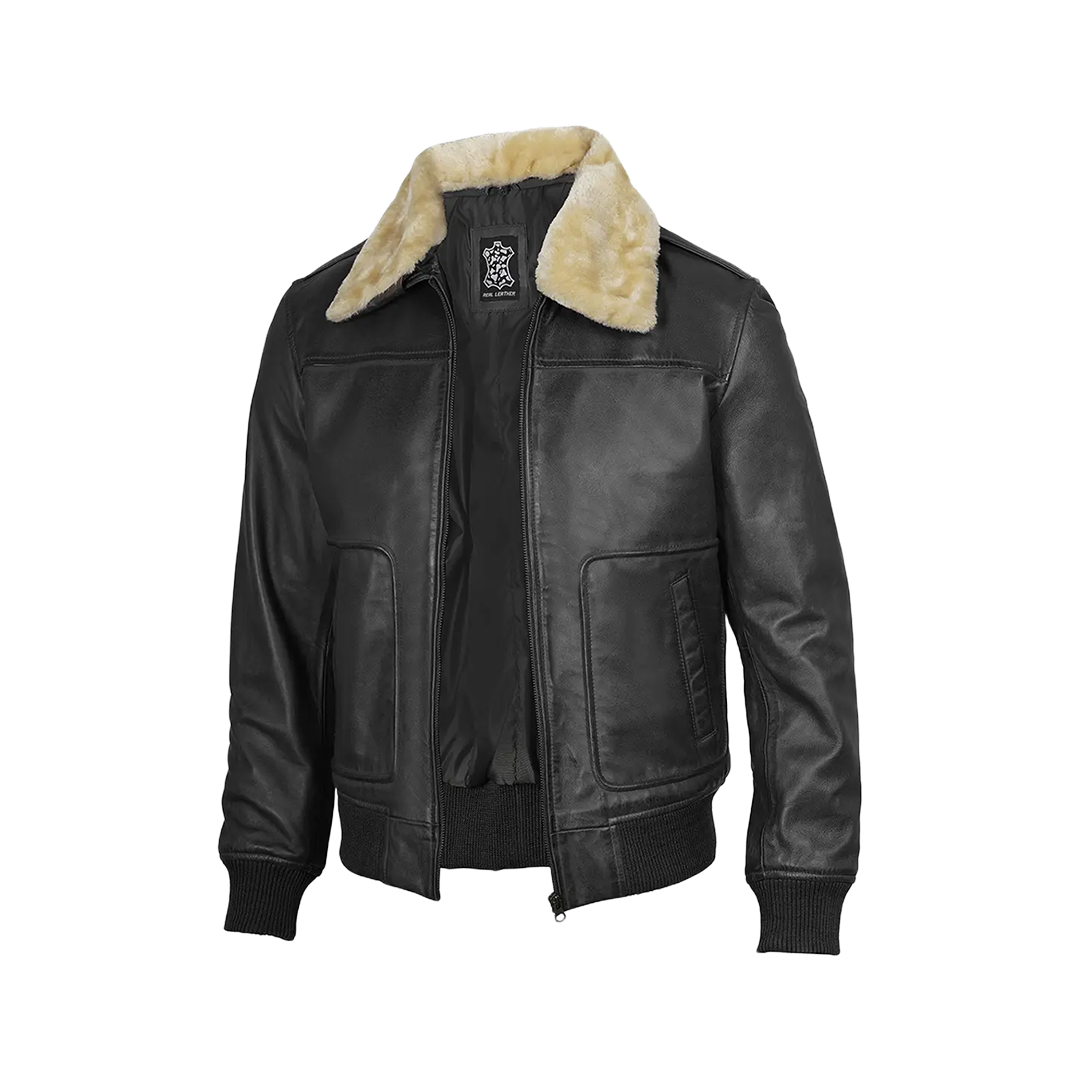 Garrett Black Men's Leather Bomber Jacket — Fur Collar