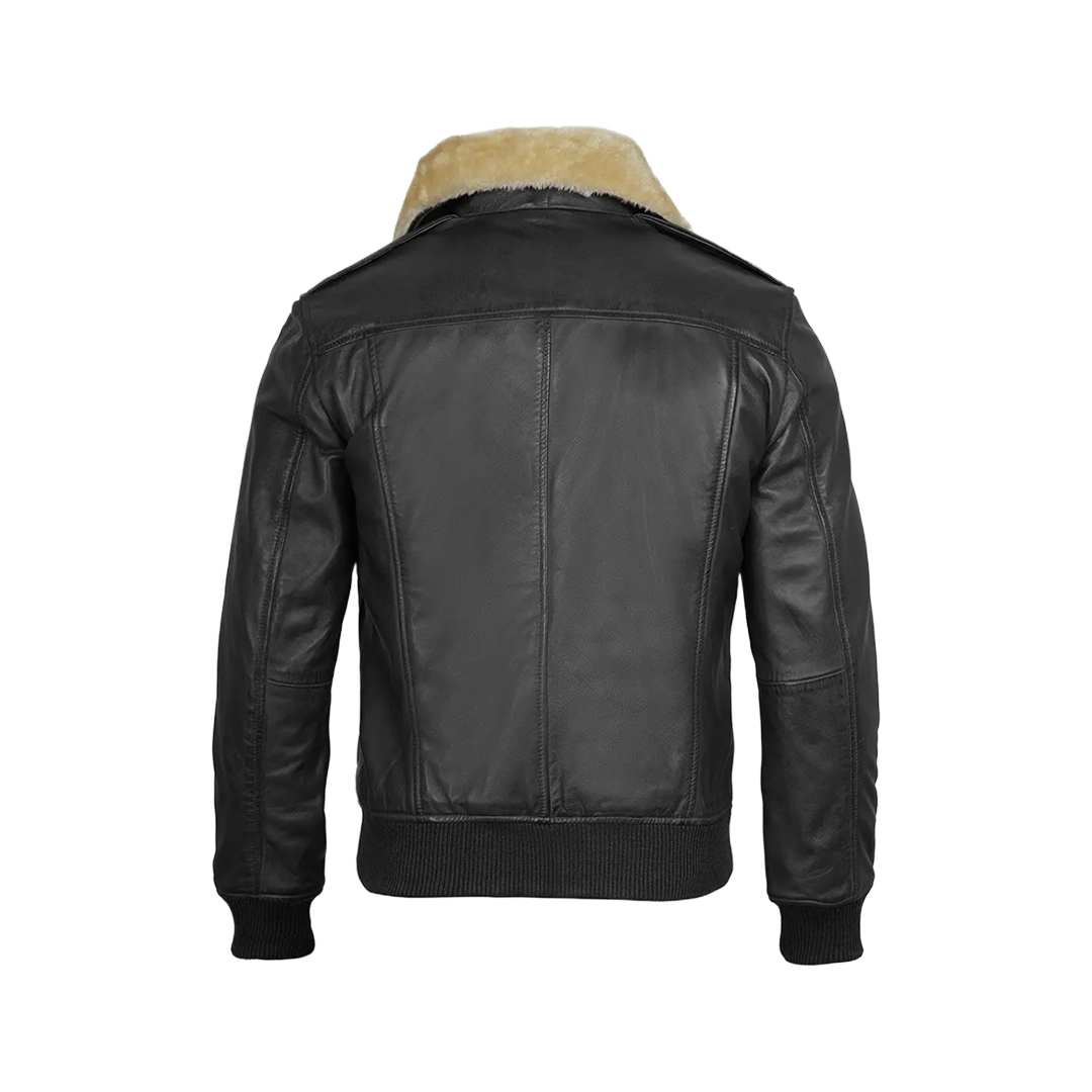 Garrett Black Men's Leather Bomber Jacket — Fur Collar