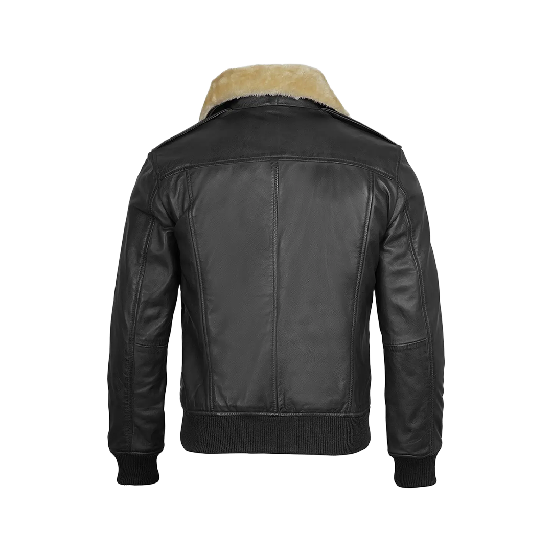 Garrett Black Men's Leather Bomber Jacket — Fur Collar