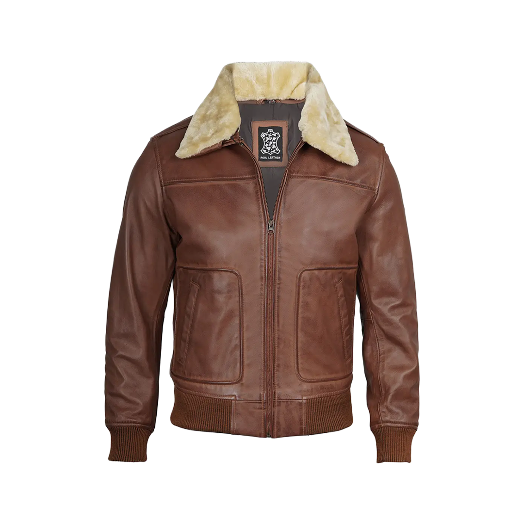 Garrett Fur Collar Cognac Brown Bomber Leather Jacket