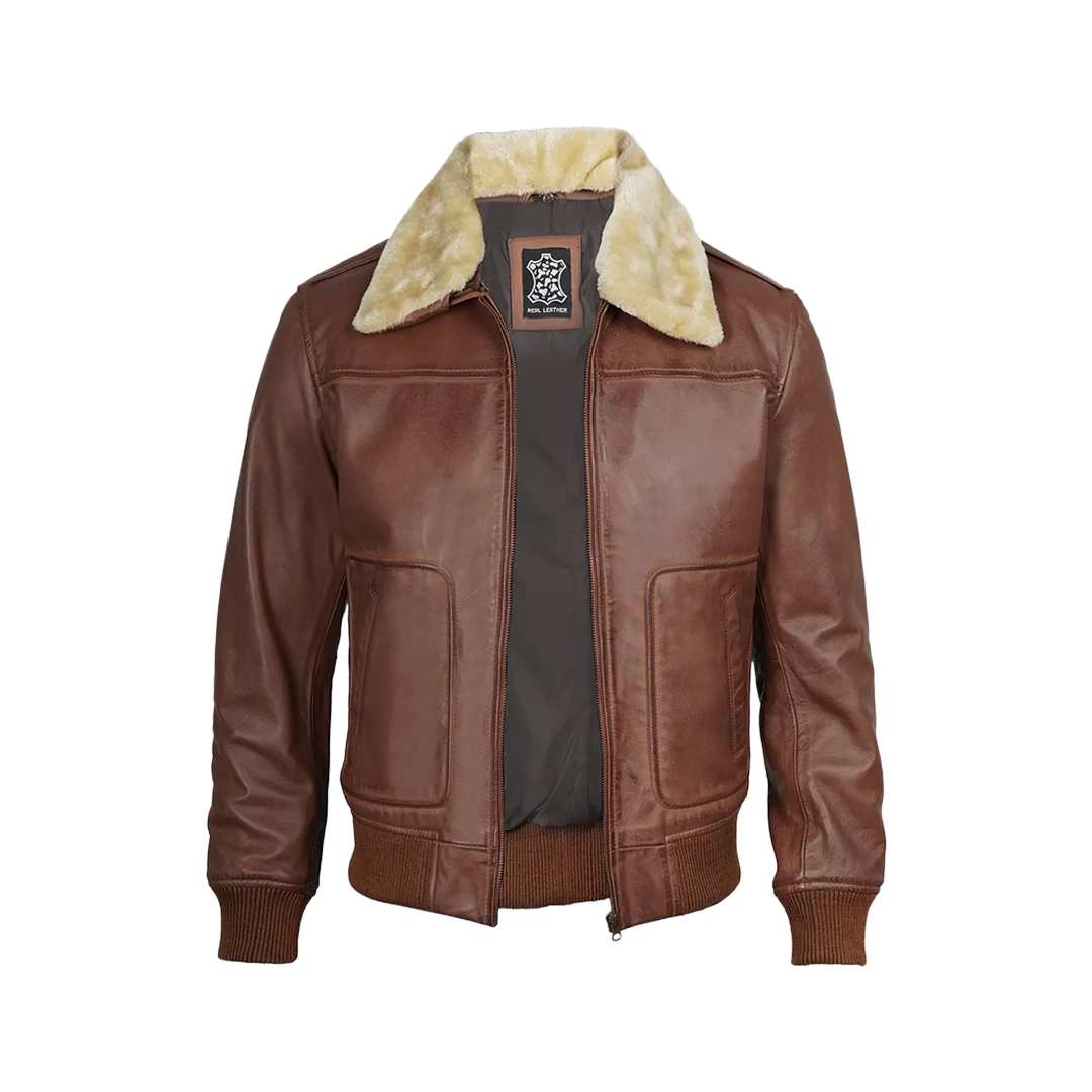 Garrett Fur Collar Cognac Brown Bomber Leather Jacket