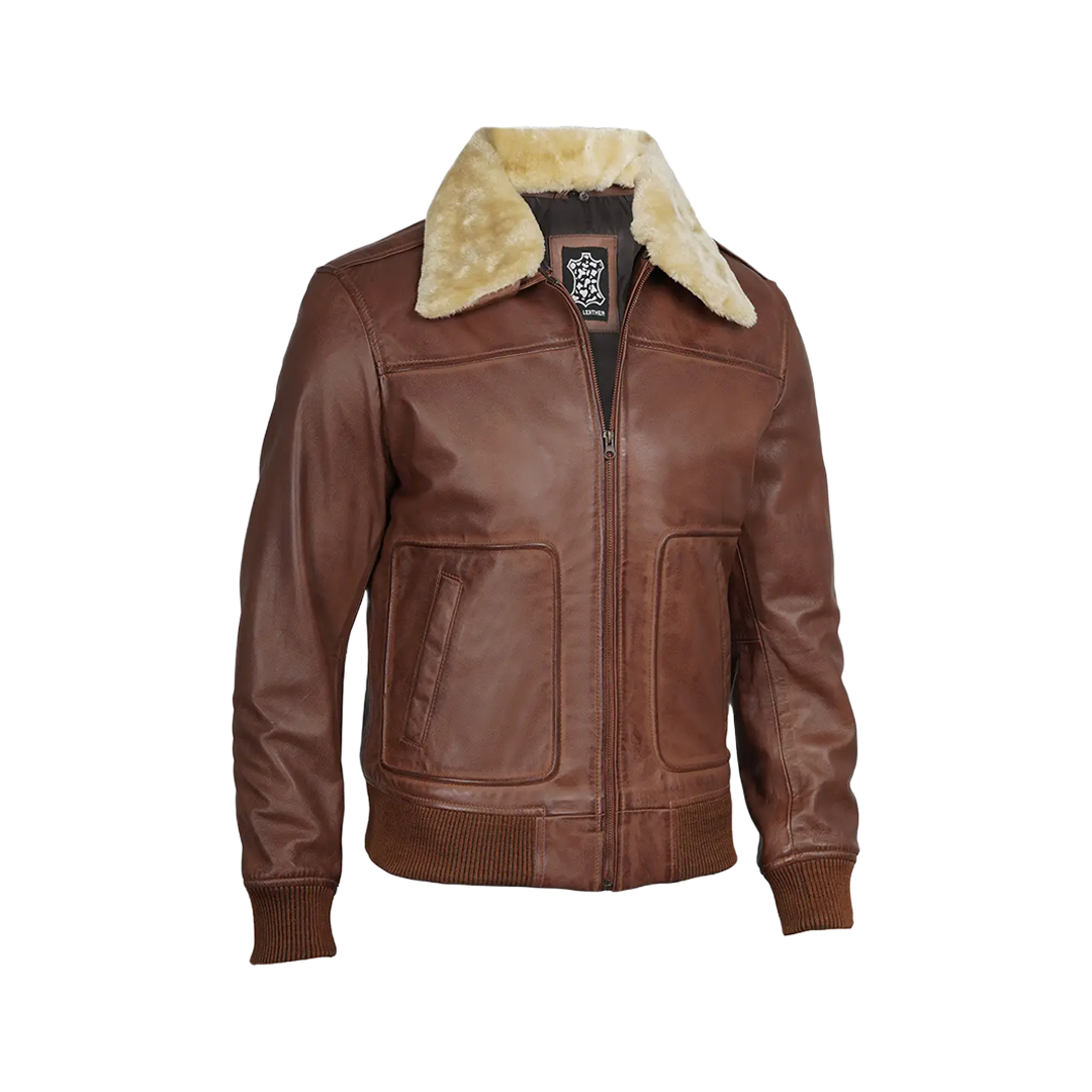 Garrett Fur Collar Cognac Brown Bomber Leather Jacket