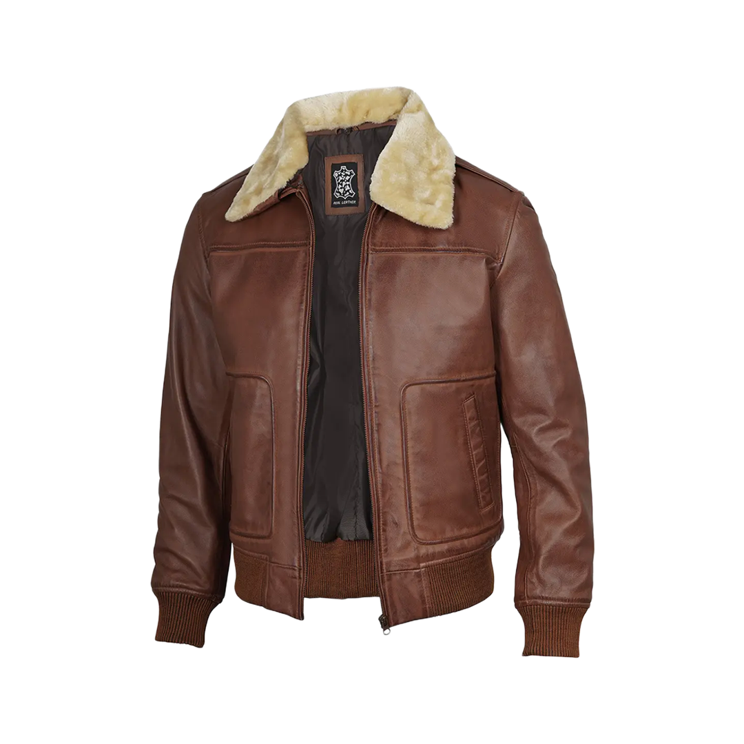 Garrett Fur Collar Cognac Brown Bomber Leather Jacket