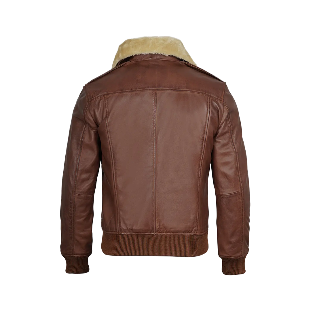 Garrett Fur Collar Cognac Brown Bomber Leather Jacket