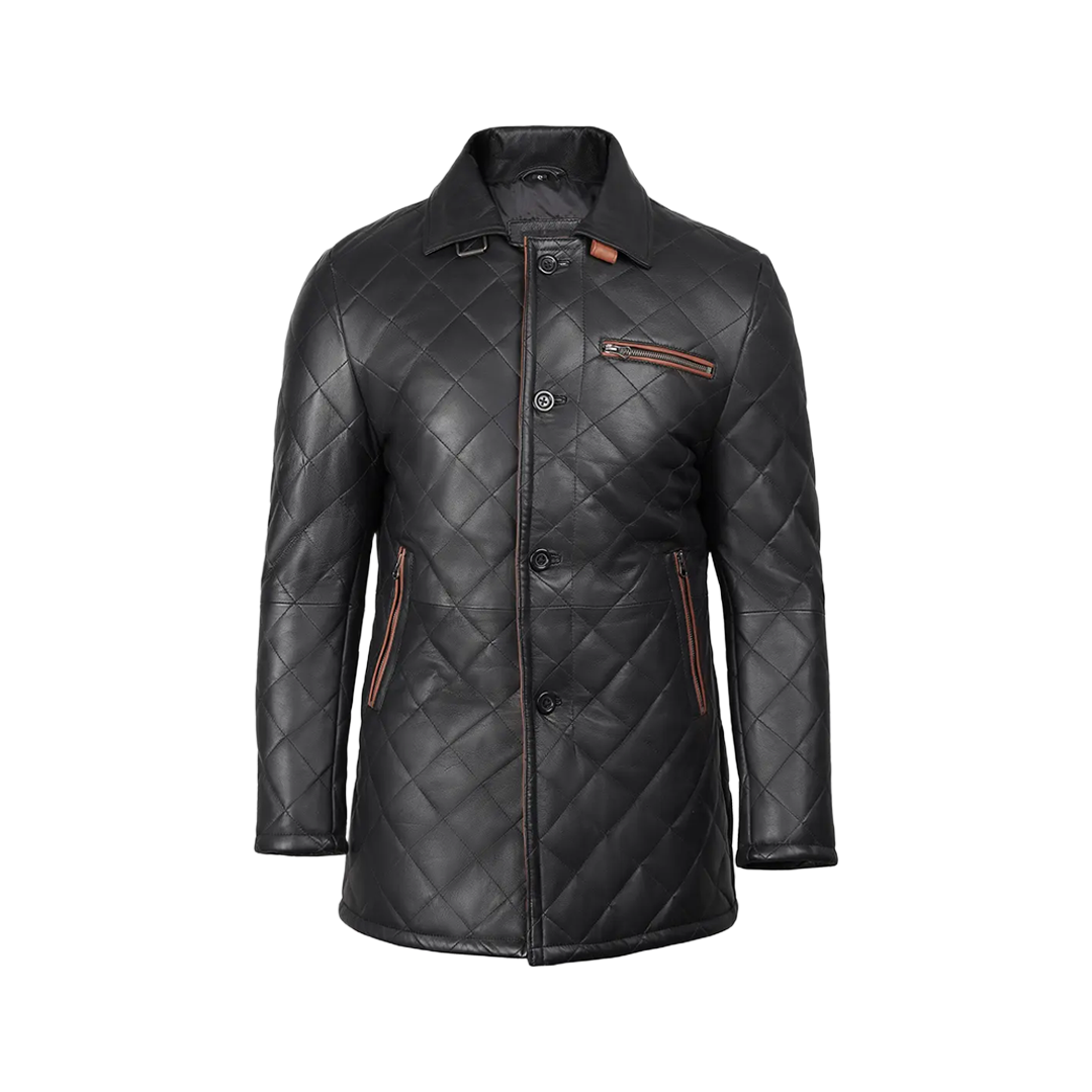 Glen Men's Black Diamond Quilted Leather Car Coat