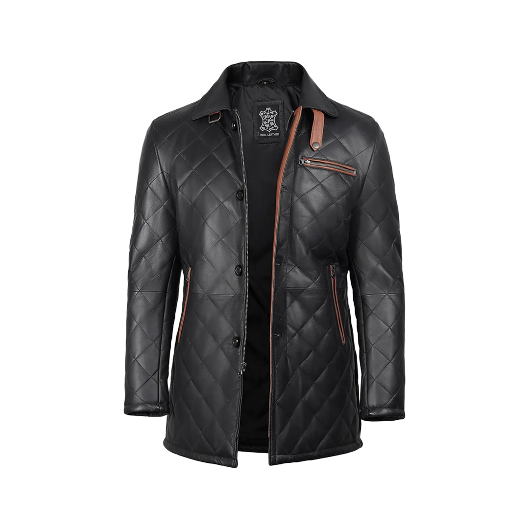 Glen Men's Black Diamond Quilted Leather Car Coat