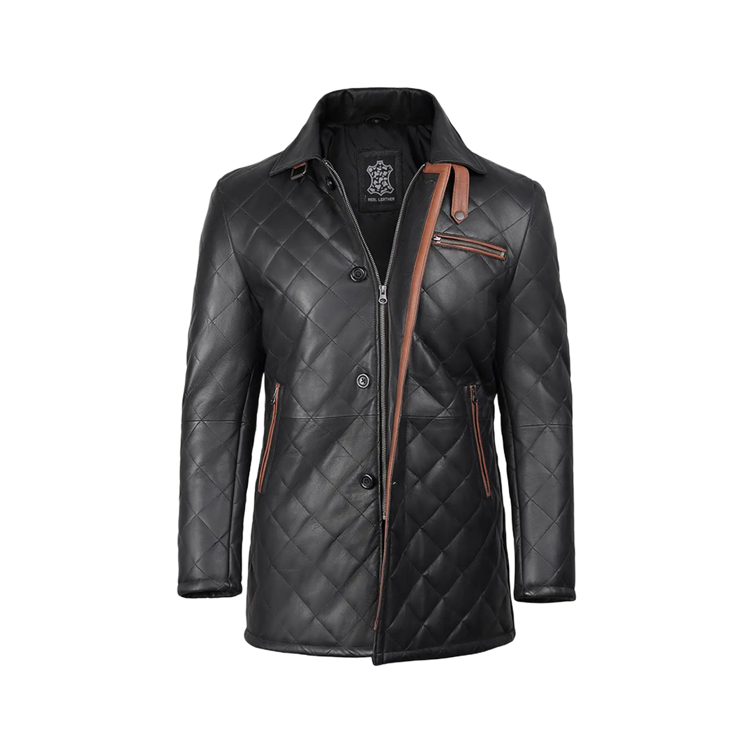 Glen Men's Black Diamond Quilted Leather Car Coat