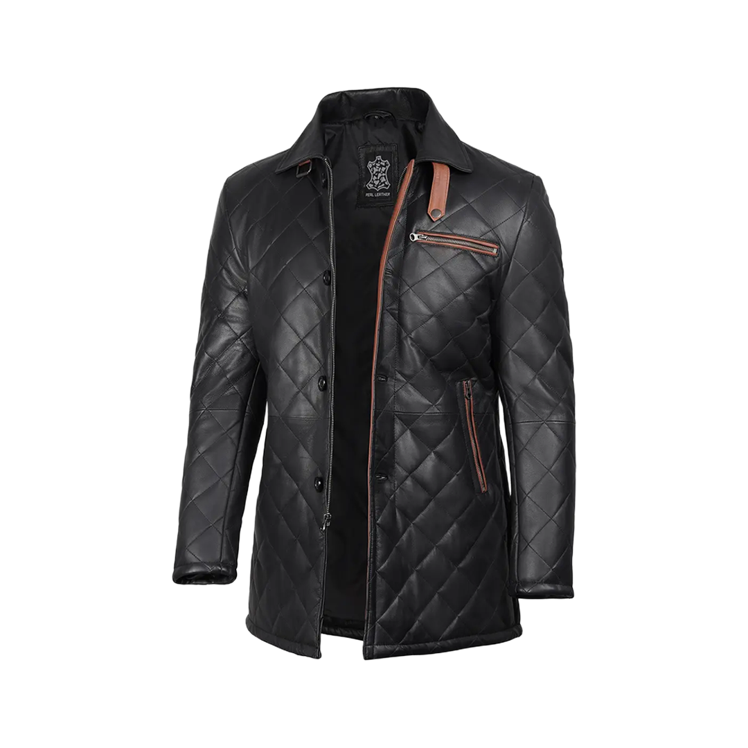 Glen Men's Black Diamond Quilted Leather Car Coat