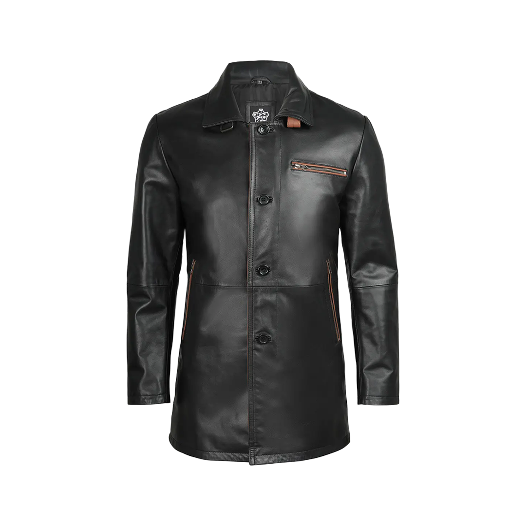 Glen Men Black Real Leather Car Coat