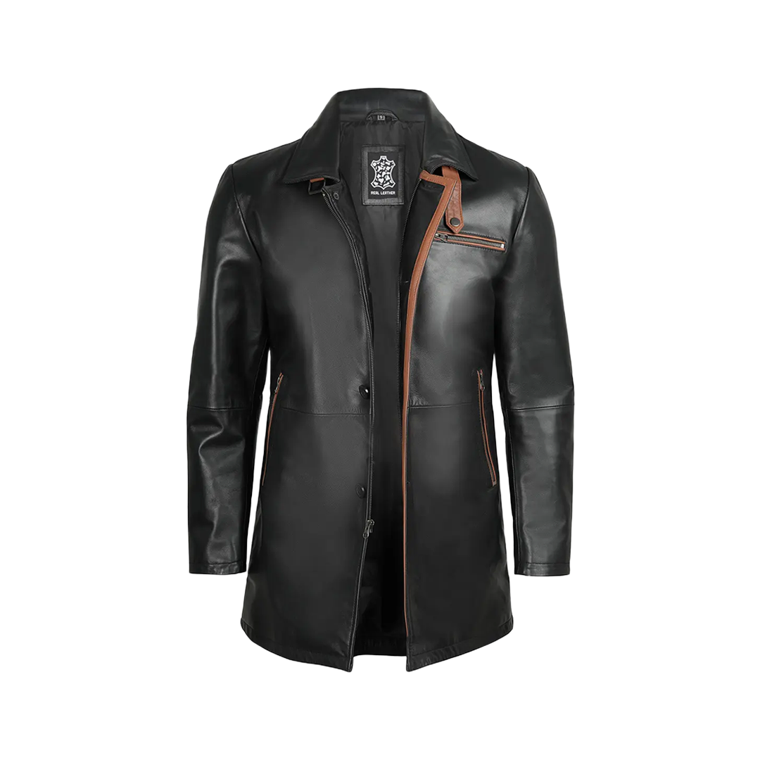 Glen Men Black Real Leather Car Coat