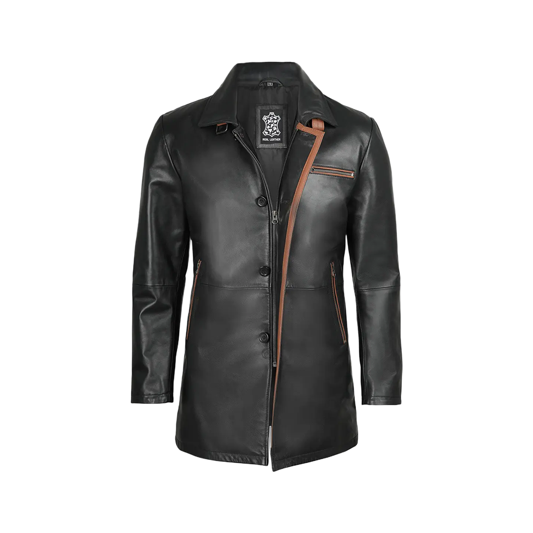 Glen Men Black Real Leather Car Coat