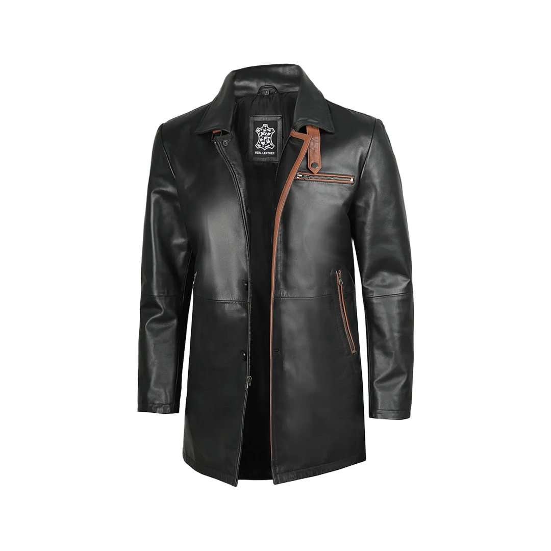 Glen Men Black Real Leather Car Coat