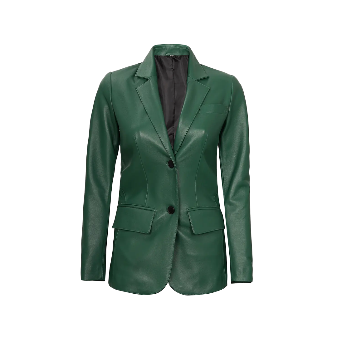 Green Women's Two Buttons Real Leather Blazer Jacket