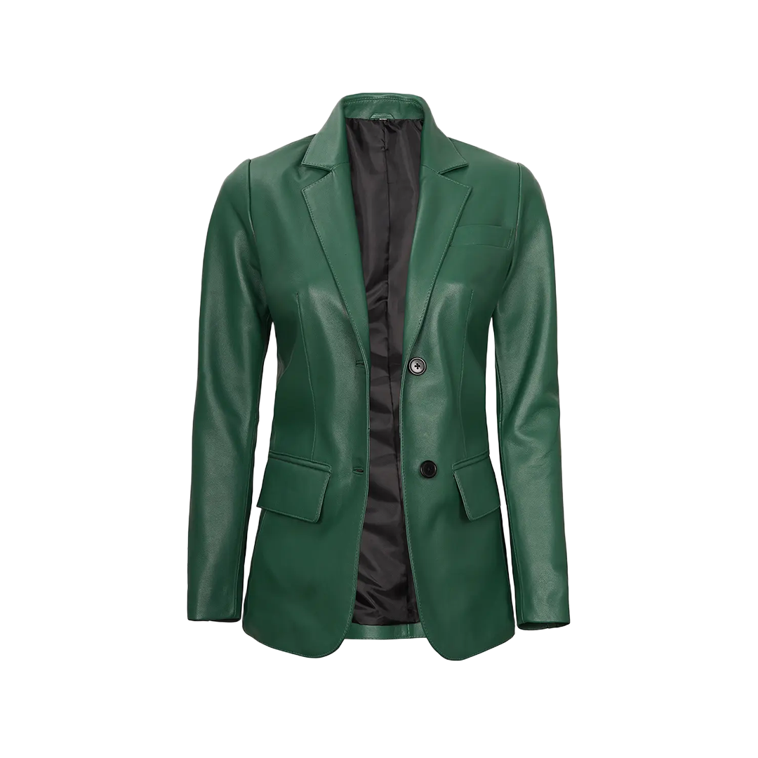 Green Women's Two Buttons Real Leather Blazer Jacket