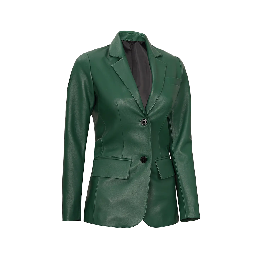 Green Women's Two Buttons Real Leather Blazer Jacket