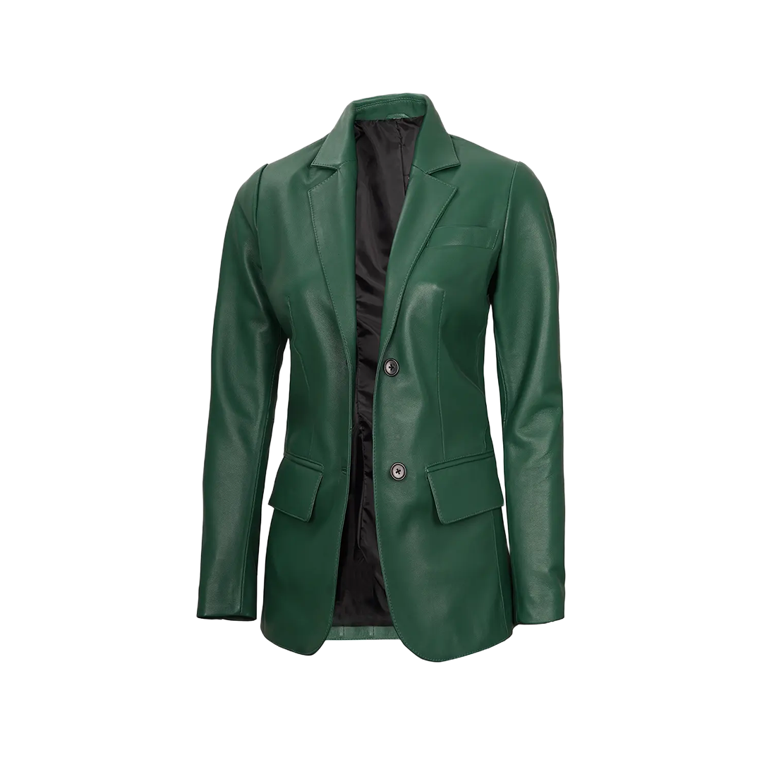 Green Women's Two Buttons Real Leather Blazer Jacket