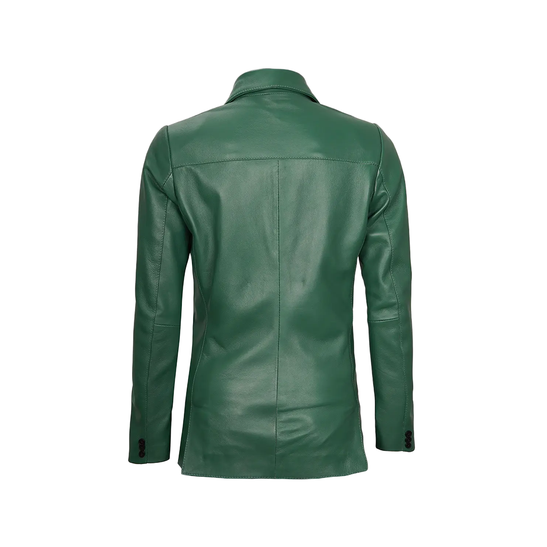 Green Women's Two Buttons Real Leather Blazer Jacket