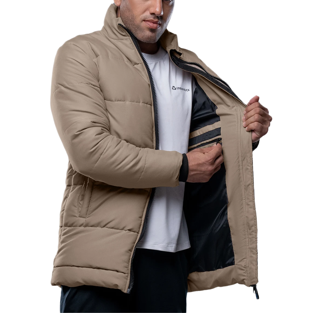 Herman Men's Beige 3/4 Length Down Puffer Jacket – Winter Insulated Coat