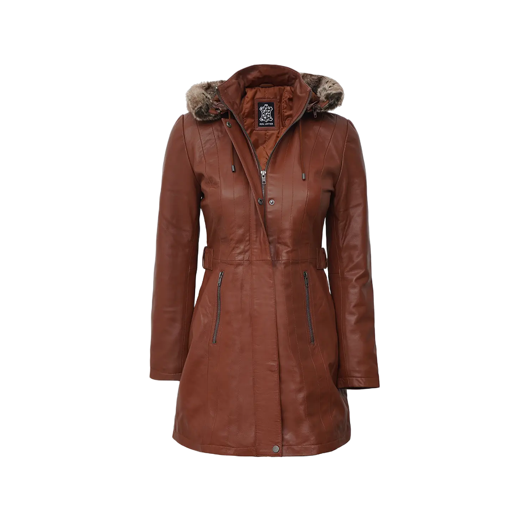 Hooded Brown Leather Long Shearling Coats for Women
