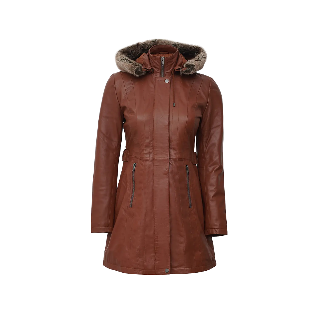 Hooded Brown Leather Long Shearling Coats for Women