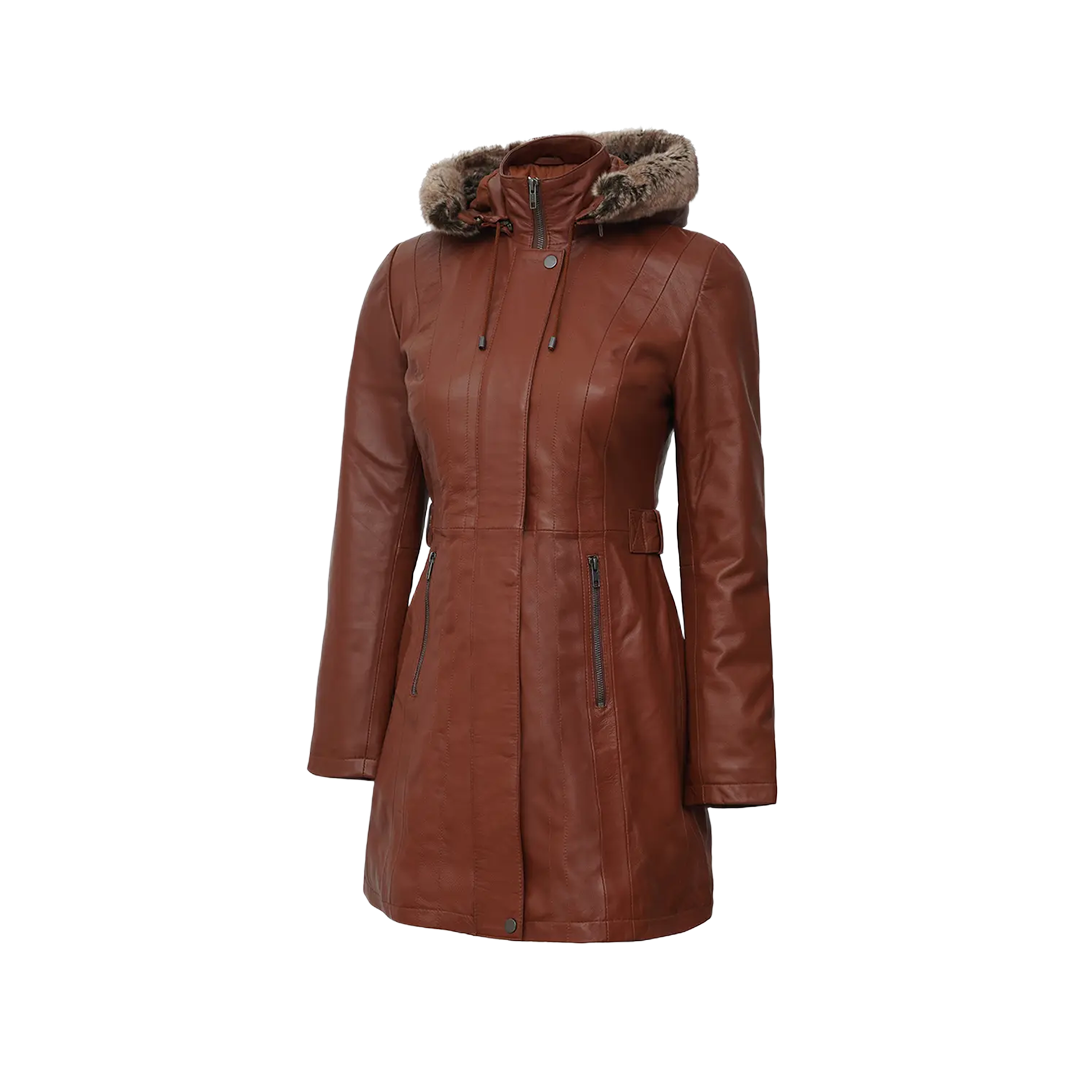 Hooded Brown Leather Long Shearling Coats for Women