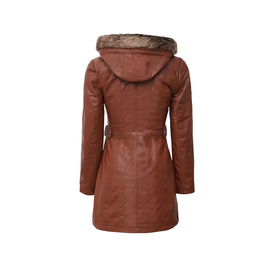 Hooded Brown Leather Long Shearling Coats for Women