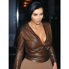 Impressive Kim Kardashian Brown Leather Jacket