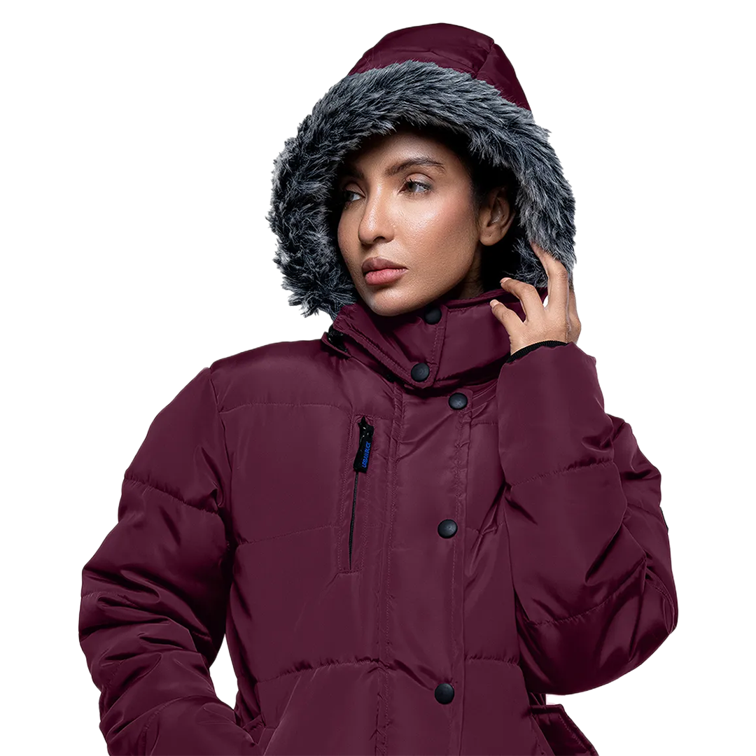 Jasmine Maroon Faux Fur Hooded Puffer jacket