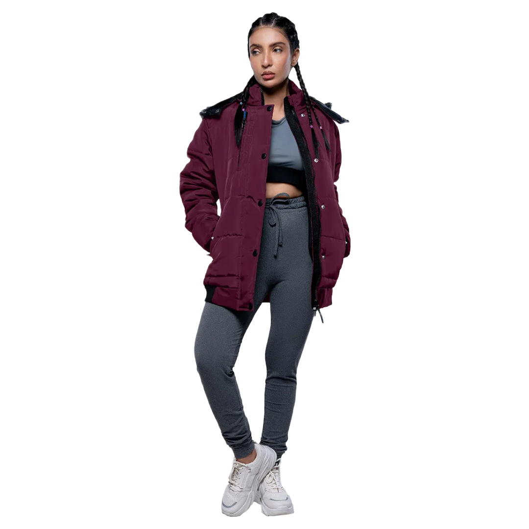 Jasmine Maroon Faux Fur Hooded Puffer jacket