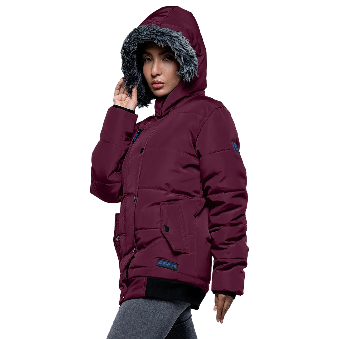 Jasmine Maroon Faux Fur Hooded Puffer jacket