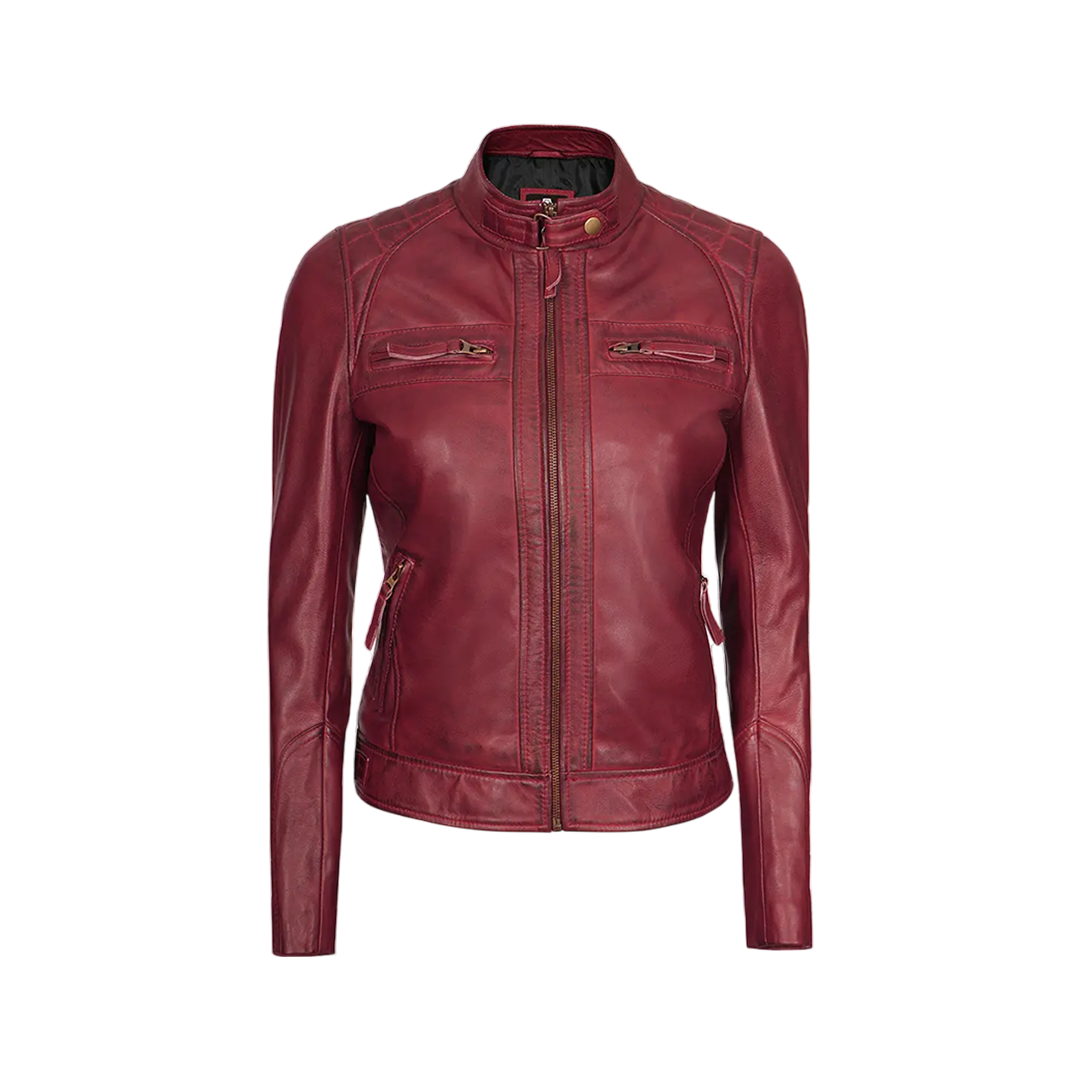 Johnson Women's Burgundy Quilted Cafe Racer Leather Jacket