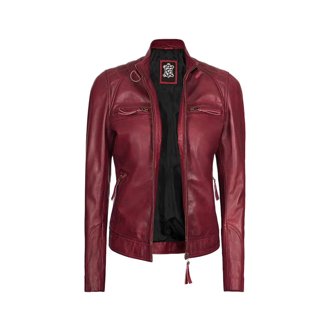 Johnson Women's Burgundy Quilted Cafe Racer Leather Jacket